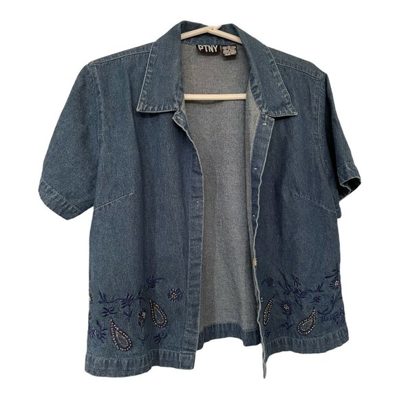 PTNY Blue 2 Piece Denim Jumper Dress Jacket Floral Applique SLEEVELESS LARGE - Picture 7 of 10